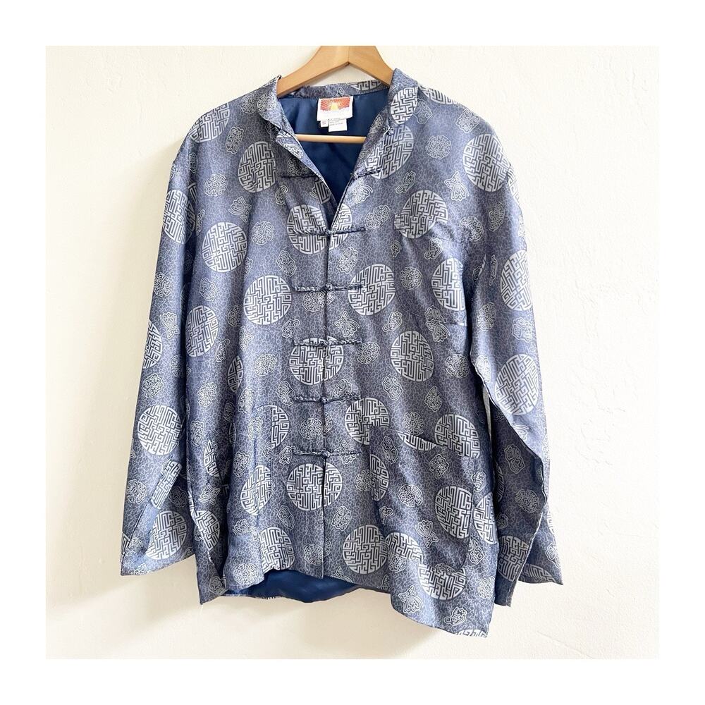 Oriental Men’s Tang Silk Shirt Toggle Button Blue Size Small Mandarin Collar
